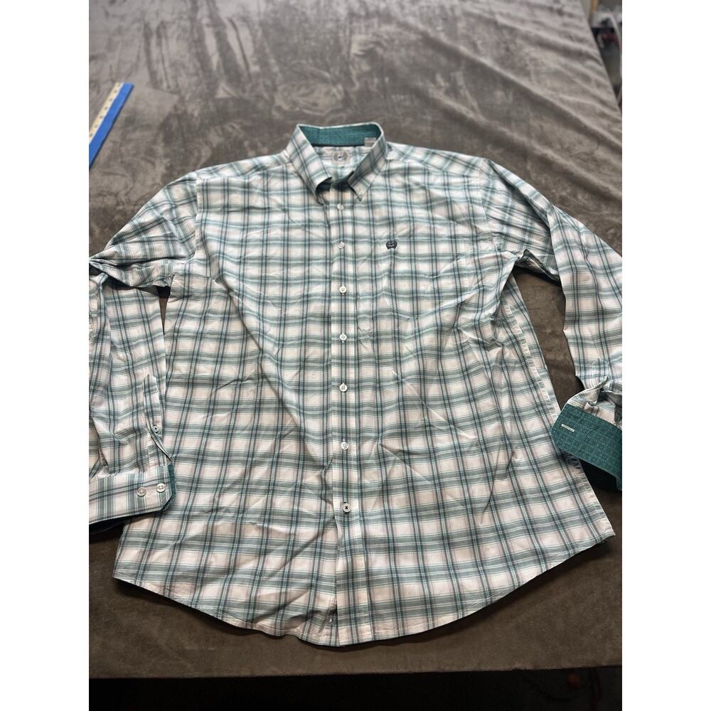 Cinch Shirt Mens Large Teal Green Plaid Flip Cuff Button Down Cowboy Rodeo